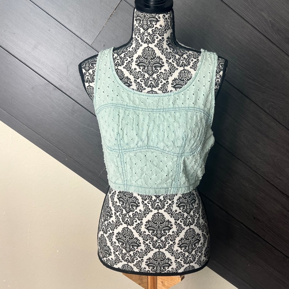POL Women's Crop Tank Top Swiss Dot Sage Green Medium Boho Festival‎